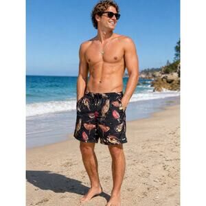 Neff Bird Print Swim Trunks Mens Medium Black Novelty Beach Shorts Mesh Lined